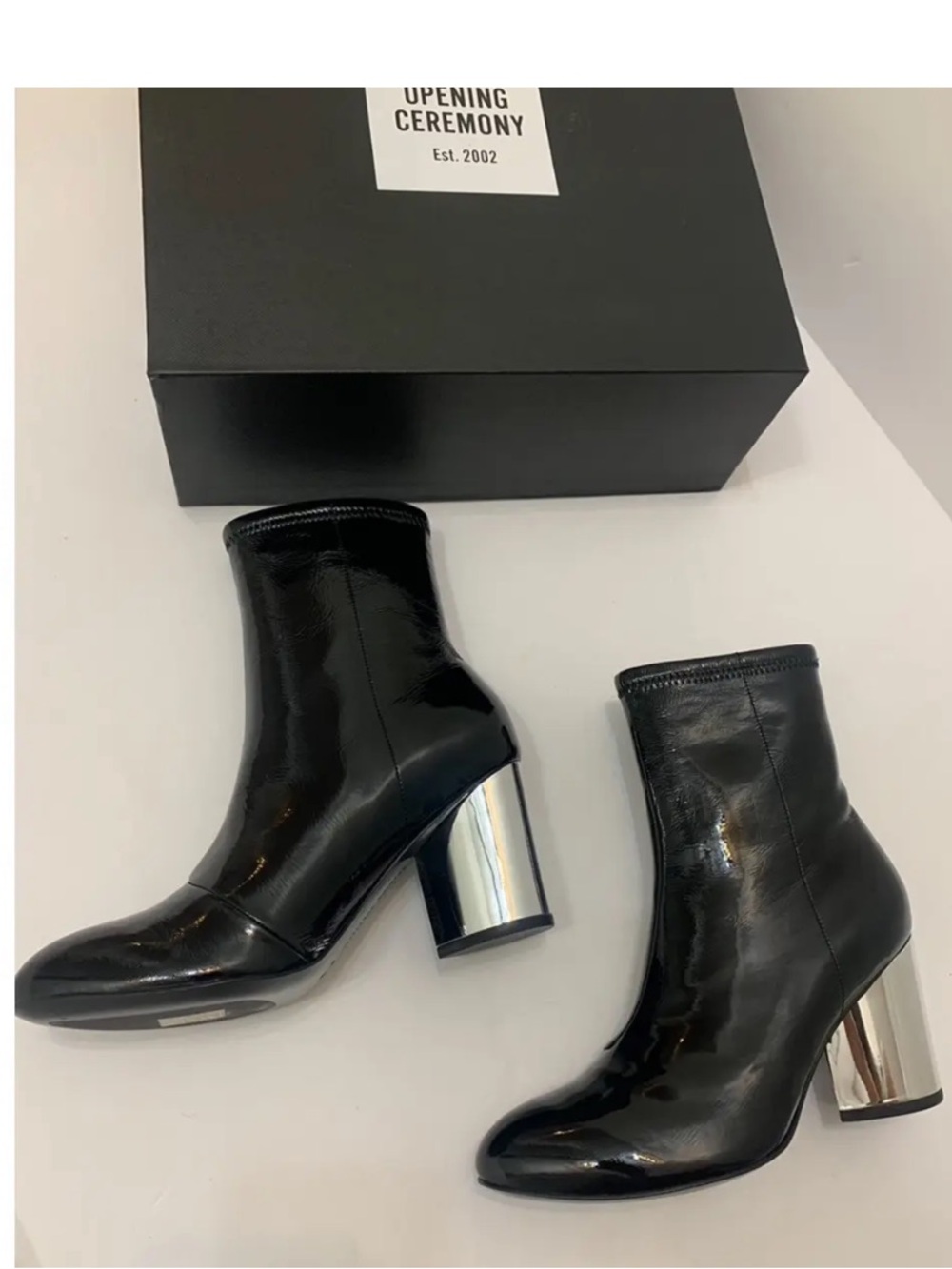 Opening Ceremony Black Patent Ankle Boot with White Block Heel